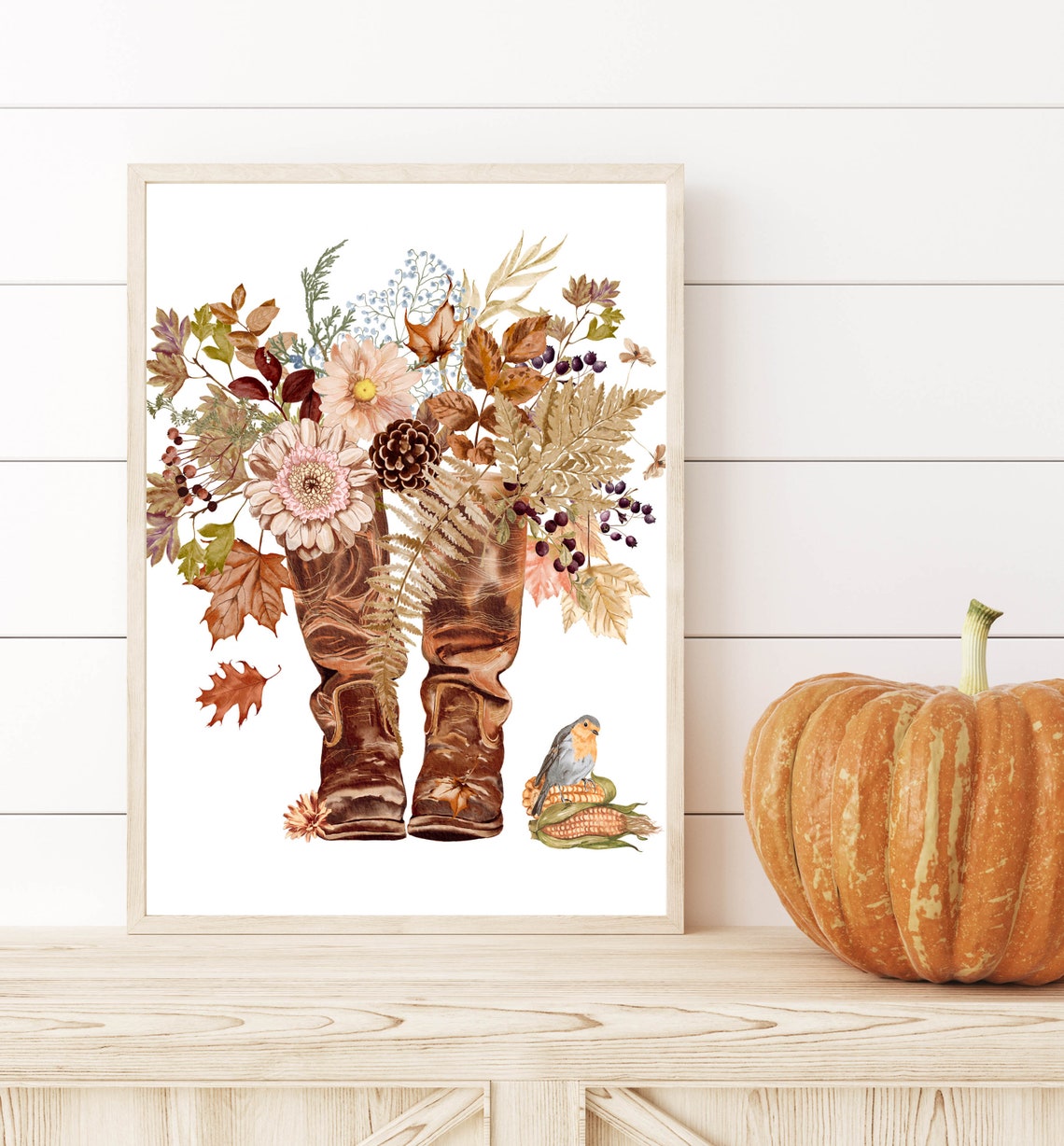 Rustic Fall Boots with Autumn Flowers Watercolor Country Wall Art - Image 2