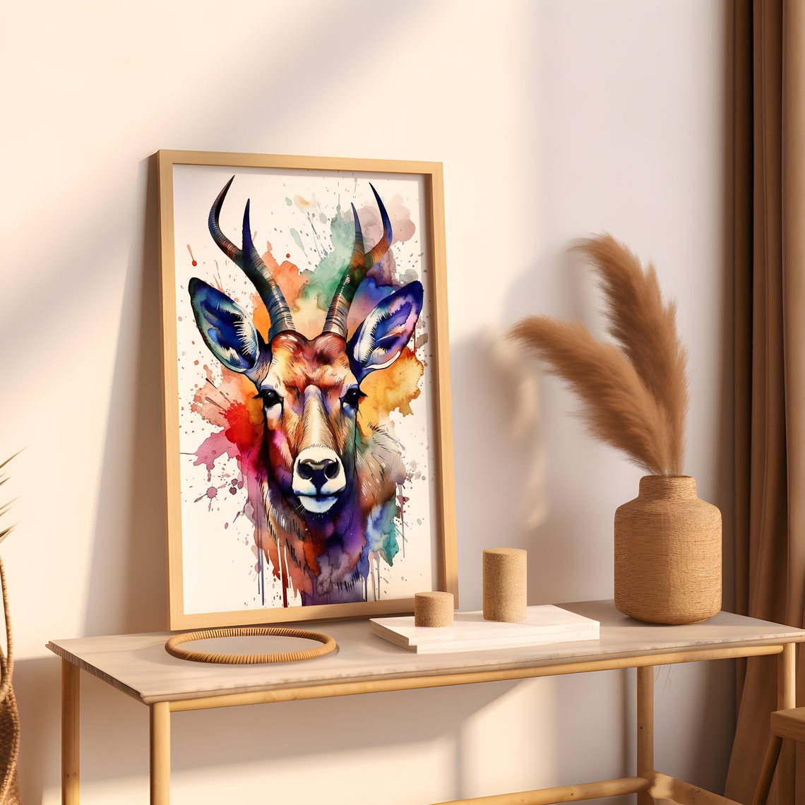 Deer Watercolor Portrait Young Buck Antlers Splash Art Poster - Image 5