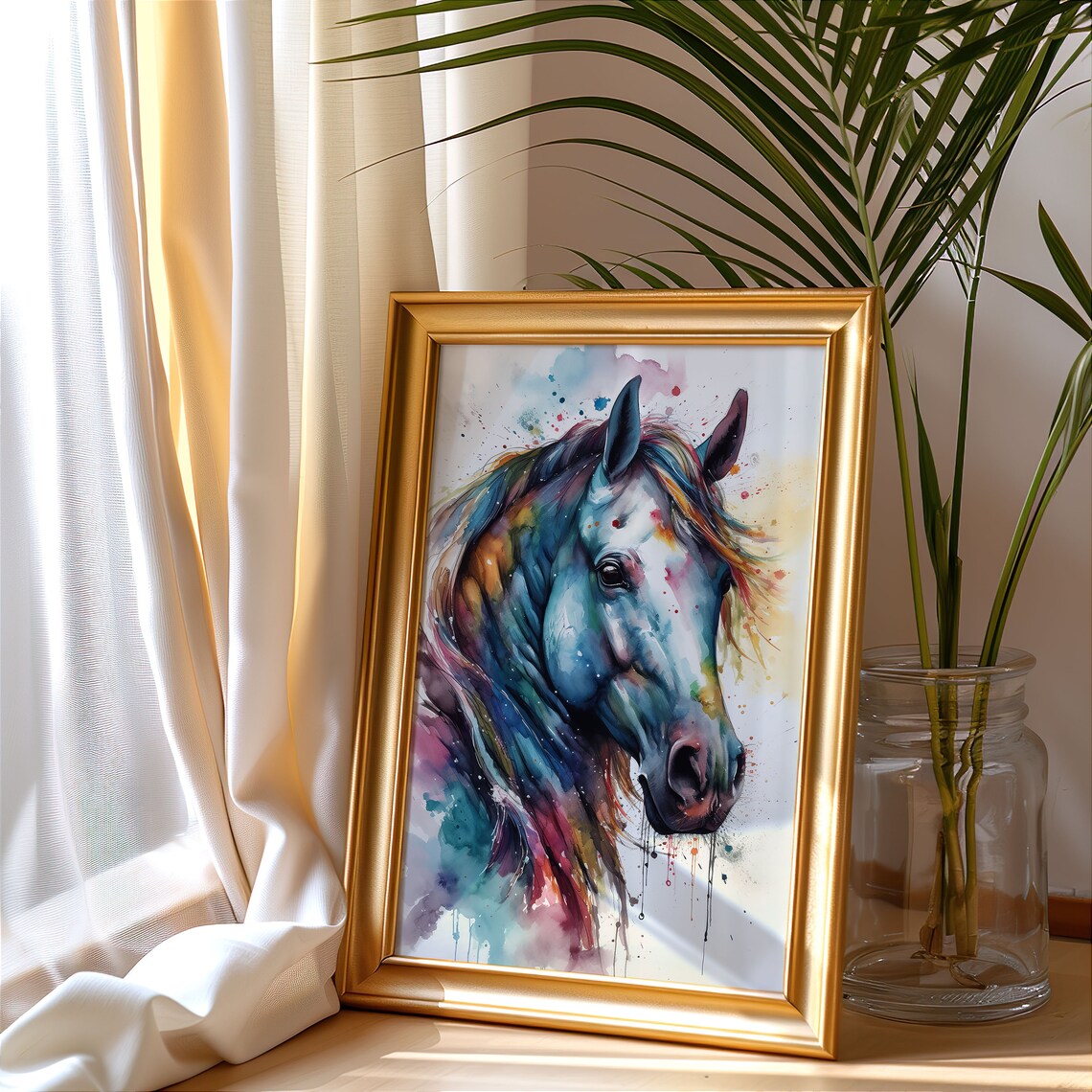Colorful Rainbow Watercolor Horse Portrait Splash Art Poster - Image 5