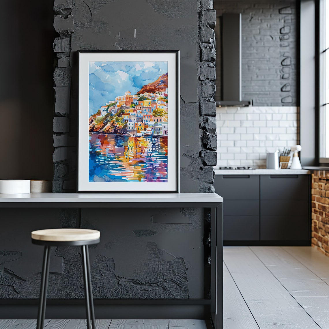Colorful Cliffside Seaside Village Watercolor Harbor Scene Poster - Image 5