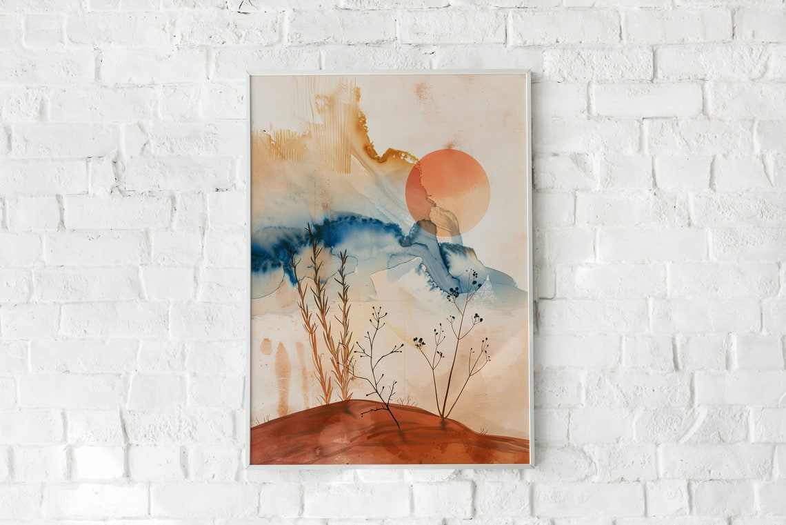 Abstract Sunset Watercolor Orange Sun Desert Hill Art Poster - Image 2