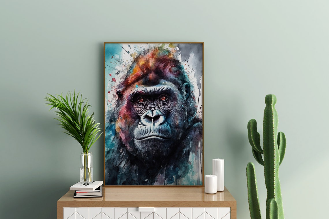 Gorilla Face Watercolor Splash Portrait Bold Wildlife Art Poster - Image 3