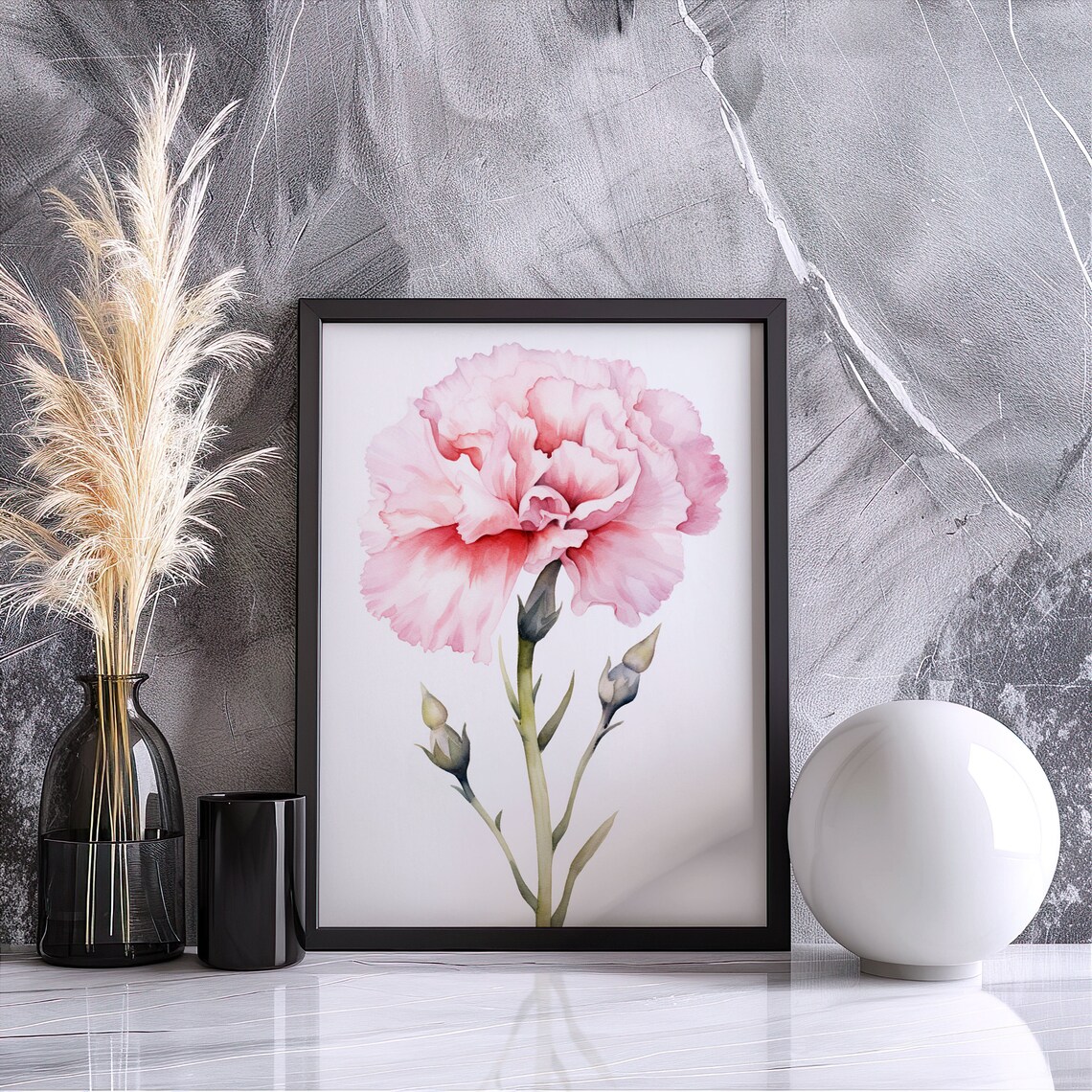 Pink Carnation Watercolor Full Bloom with Buds Delicate Floral Art Poster - Image 4