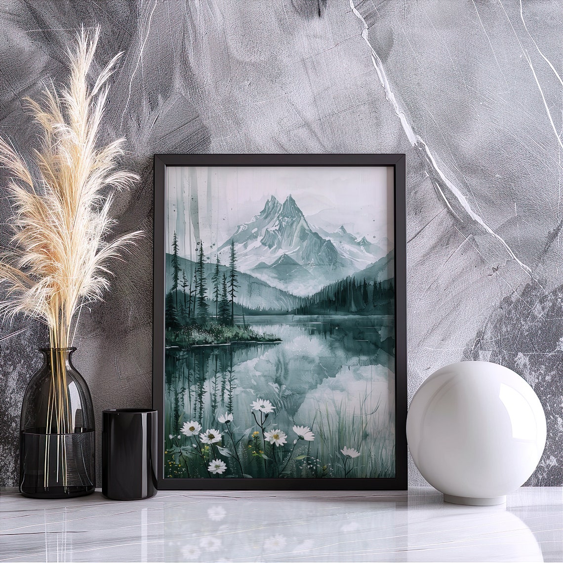 Snowy Mountain Lake With Daisies Watercolor Alpine Scene Poster - Image 2