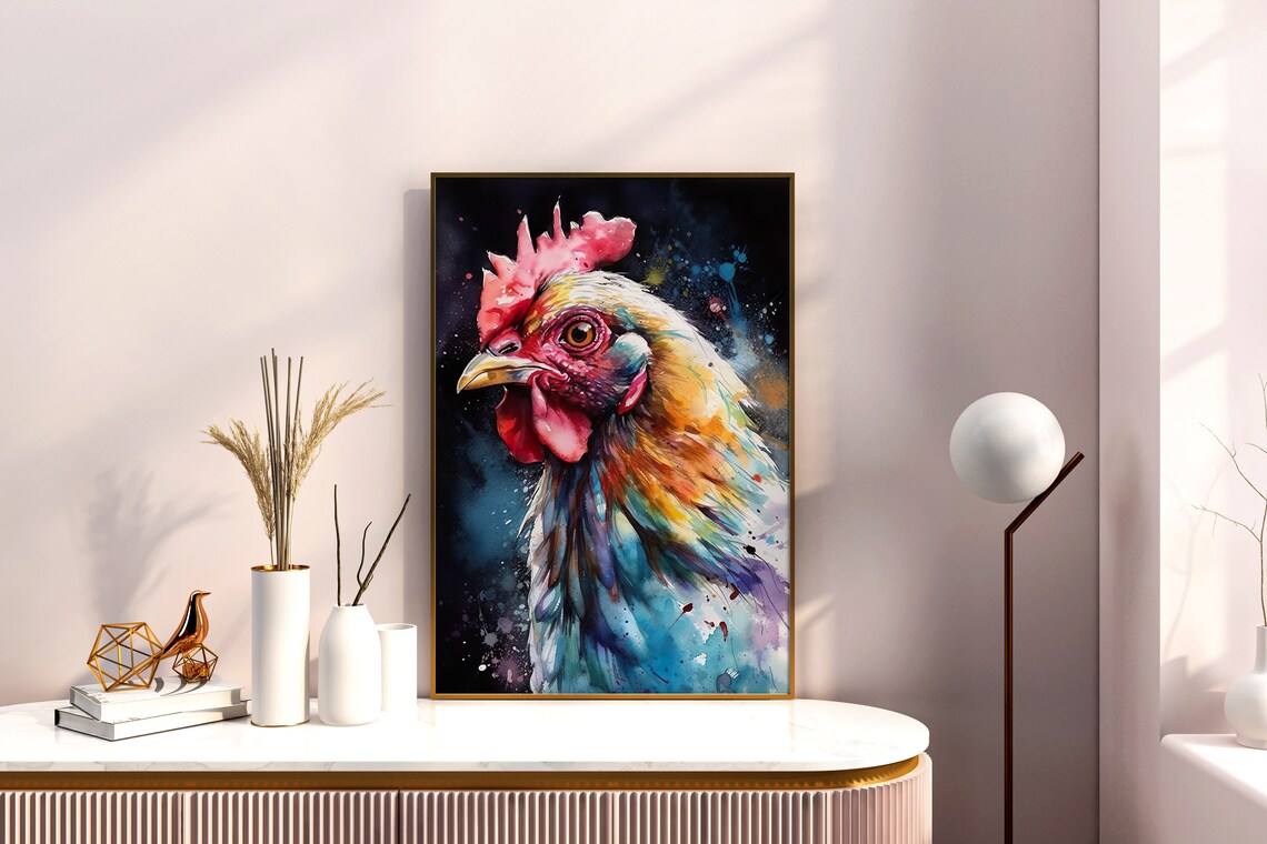 Colorful Rooster Watercolor Portrait Farm Bird Animal Art Poster - Image 5