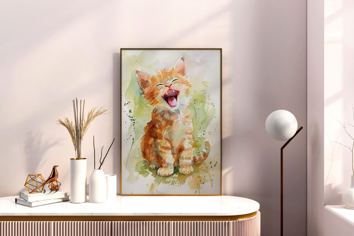 Orange Tabby Kitten Watercolor Laughing Playful Cat Art Poster - Image 3