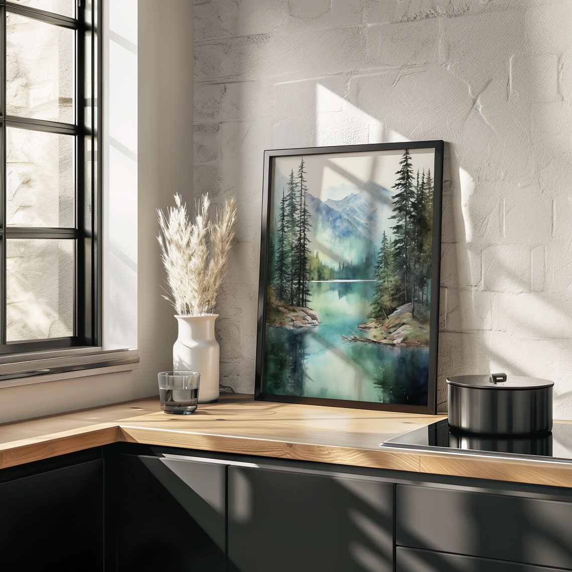 Misty Green Mountain Lake Pine Forest Reflections Watercolor Poster - Image 4