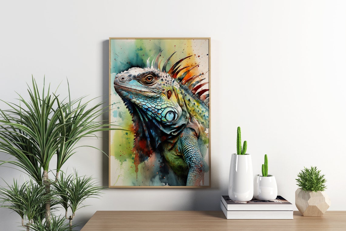 Iguana Watercolor Portrait Green Reptile Spiky Crest Art Poster - Image 5