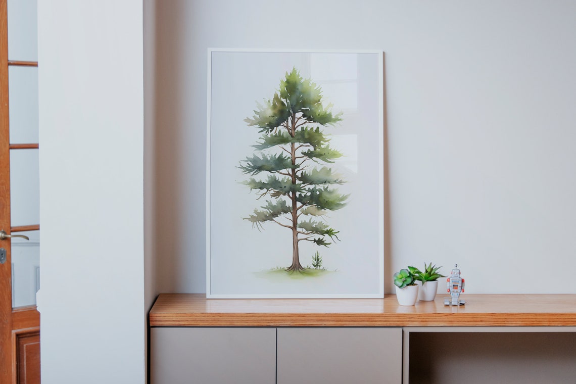 Young Pine Tree Minimalist Watercolor Simple Botanical Art Poster - Image 3