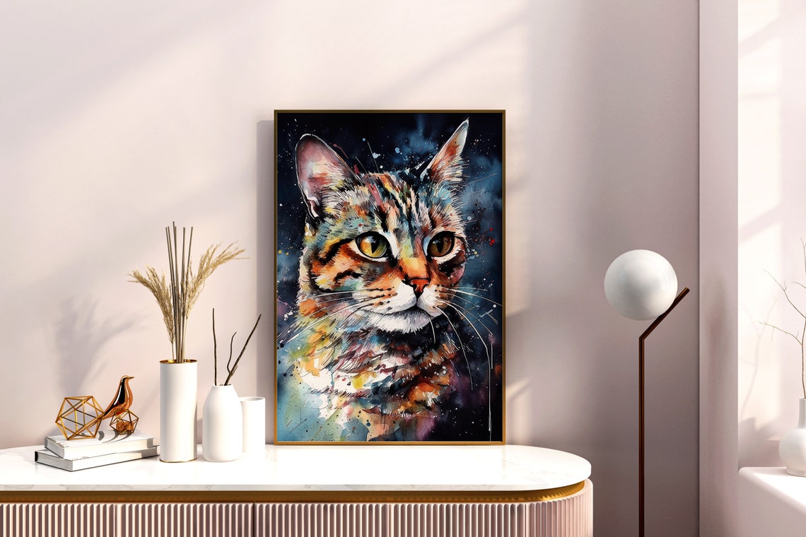 Tabby Cat Colorful Watercolor Portrait Golden Eyes Dark Art Poster - Image 4