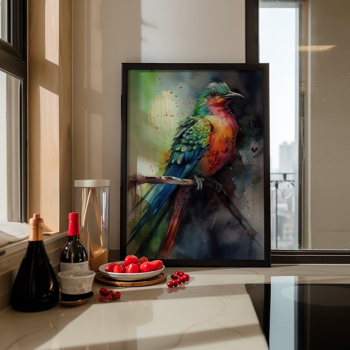 Colorful Tropical Bird Watercolor Perched Songbird Art Poster - Image 3