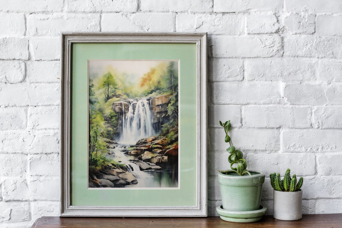 Lush Forest Waterfall Watercolor Painting Poster for Nature Lovers - Image 4