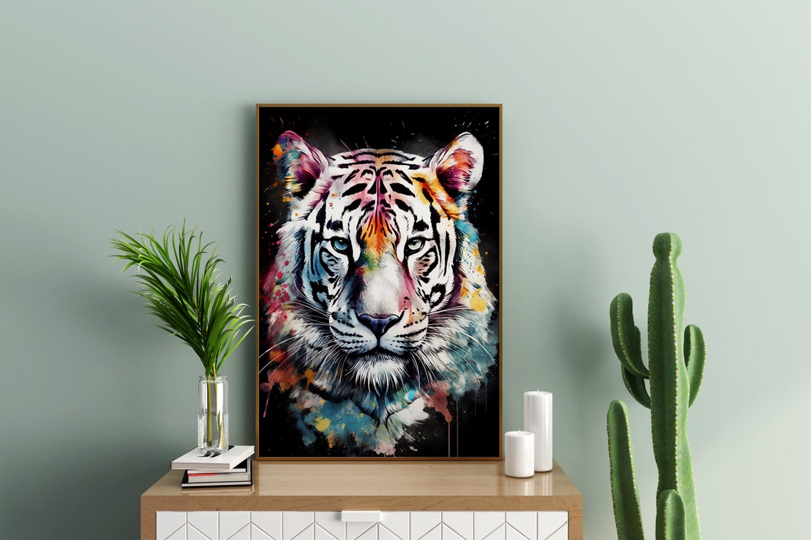 White Tiger Face Colorful Watercolor Black Background Art Poster - Image 3