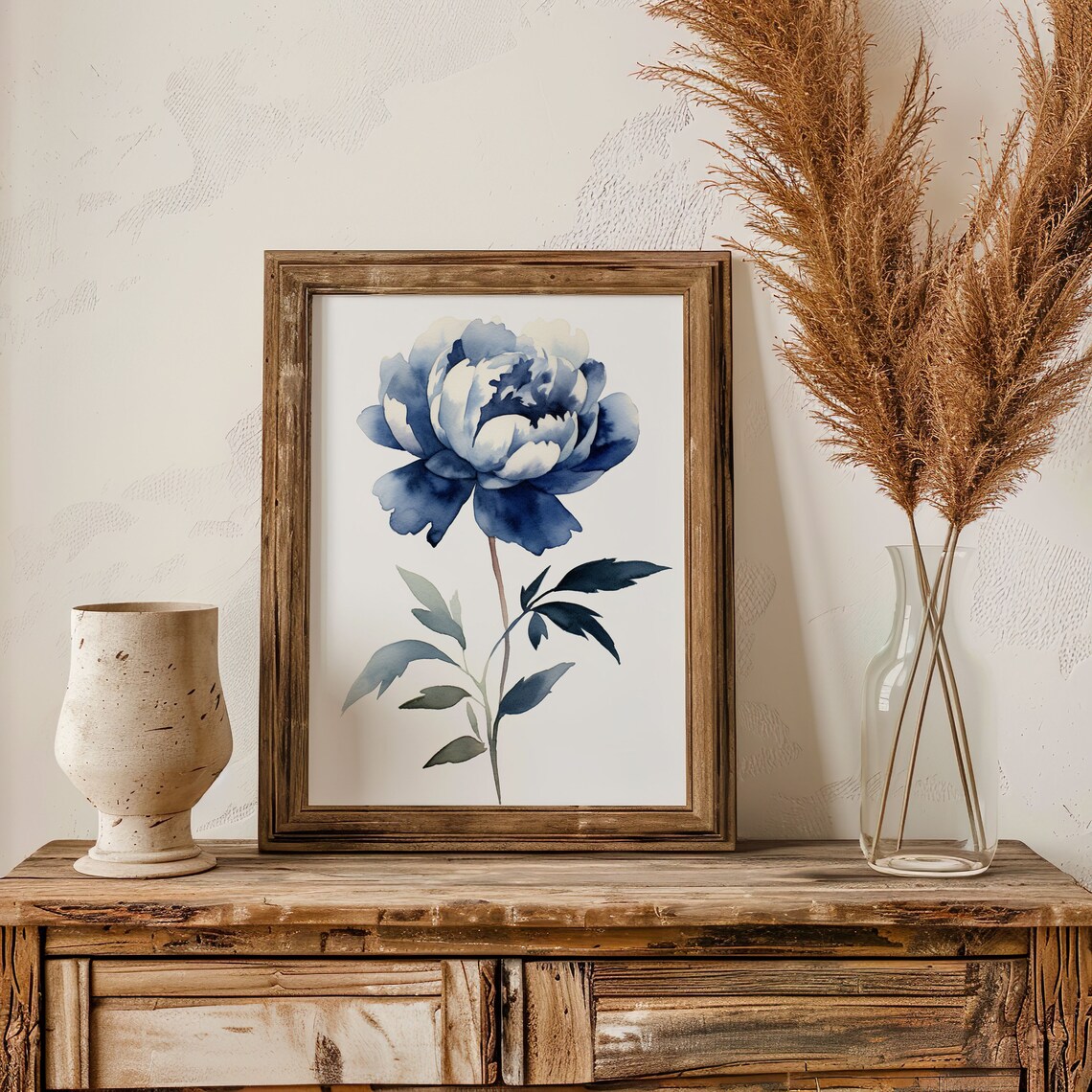 Blue Peony Watercolor Navy Single Flower Minimalist Botanical Art Poster - Image 3