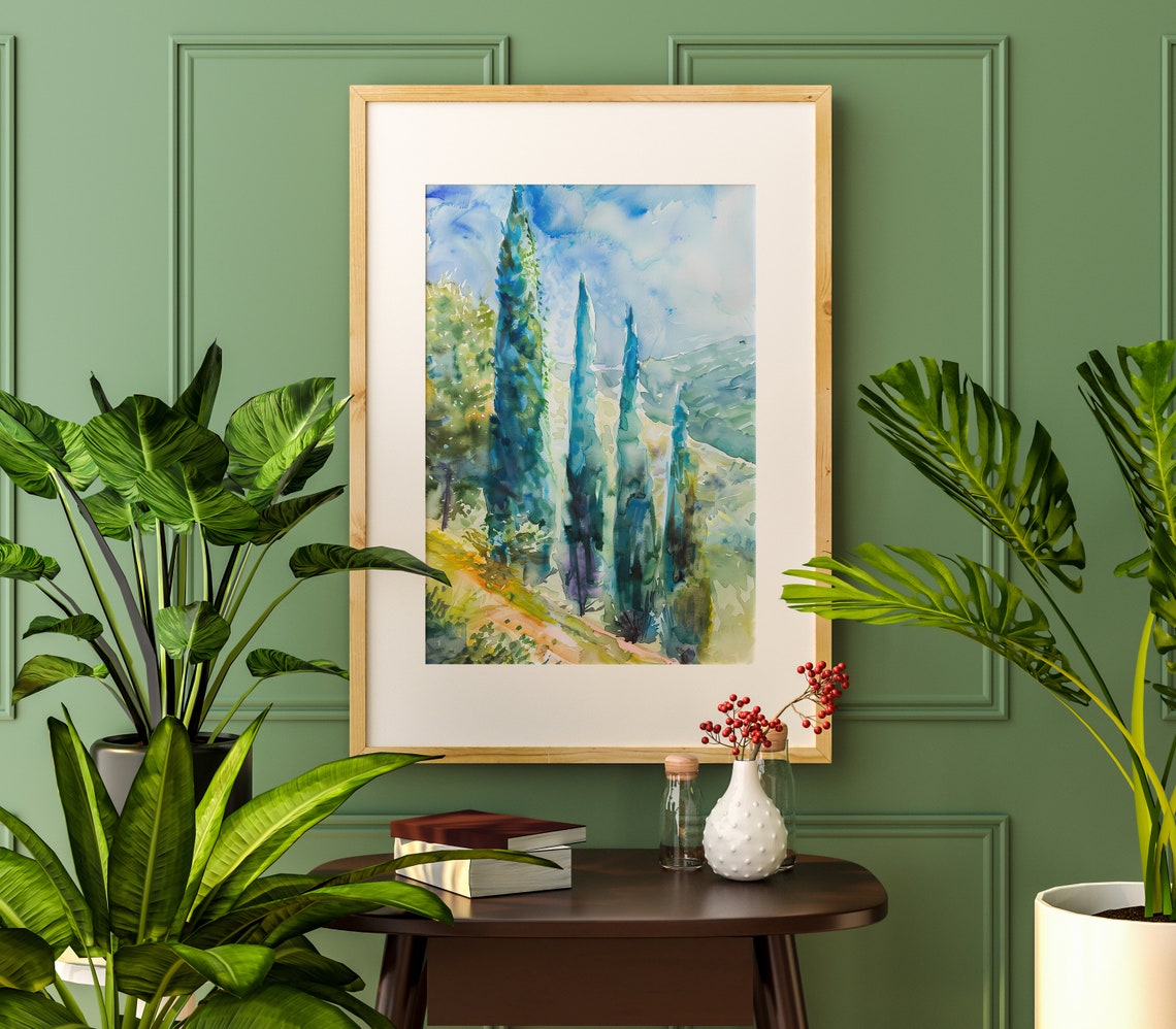 Tall Cypress Trees Watercolor Mediterranean Landscape Poster - Image 5