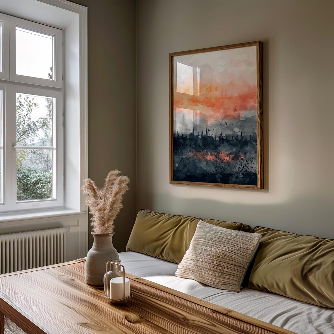 Dark City Skyline Watercolor Orange Sky Abstract Scene Poster - Image 5