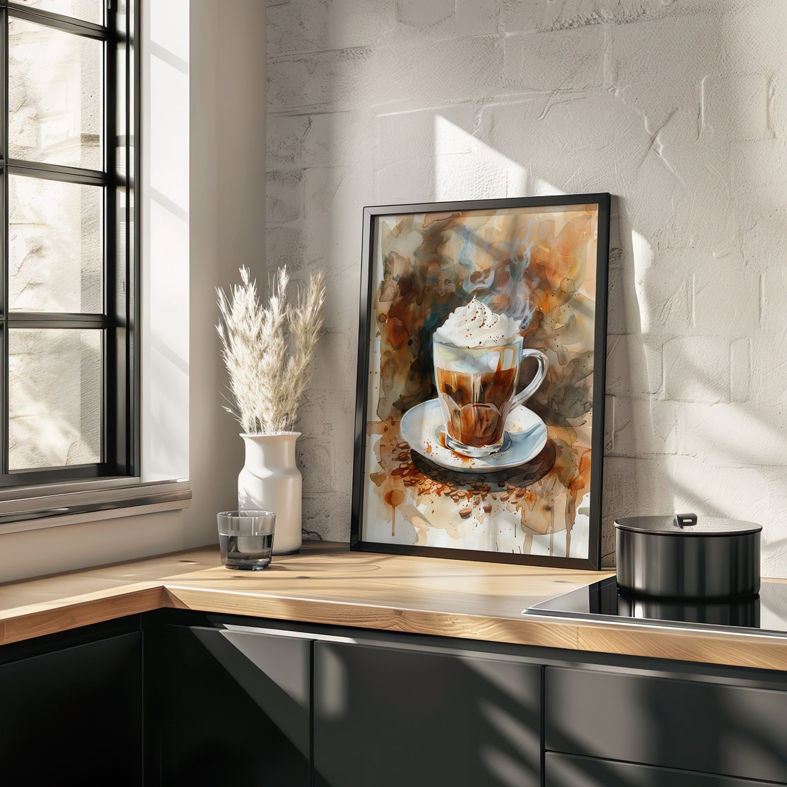 Steaming Latte Glass Watercolor Coffee Drink Cozy Scene Poster - Image 2