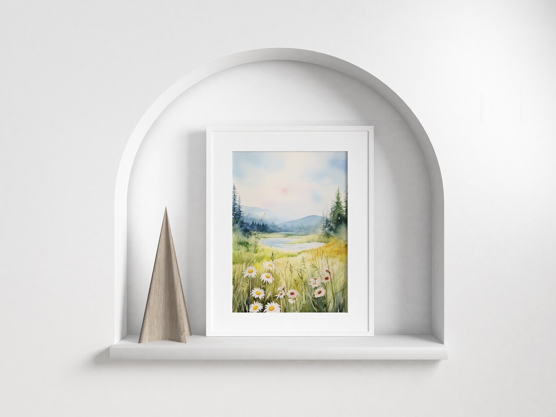 White Daisy Field Watercolor Meadow Lake Wildflowers Art Poster - Image 3