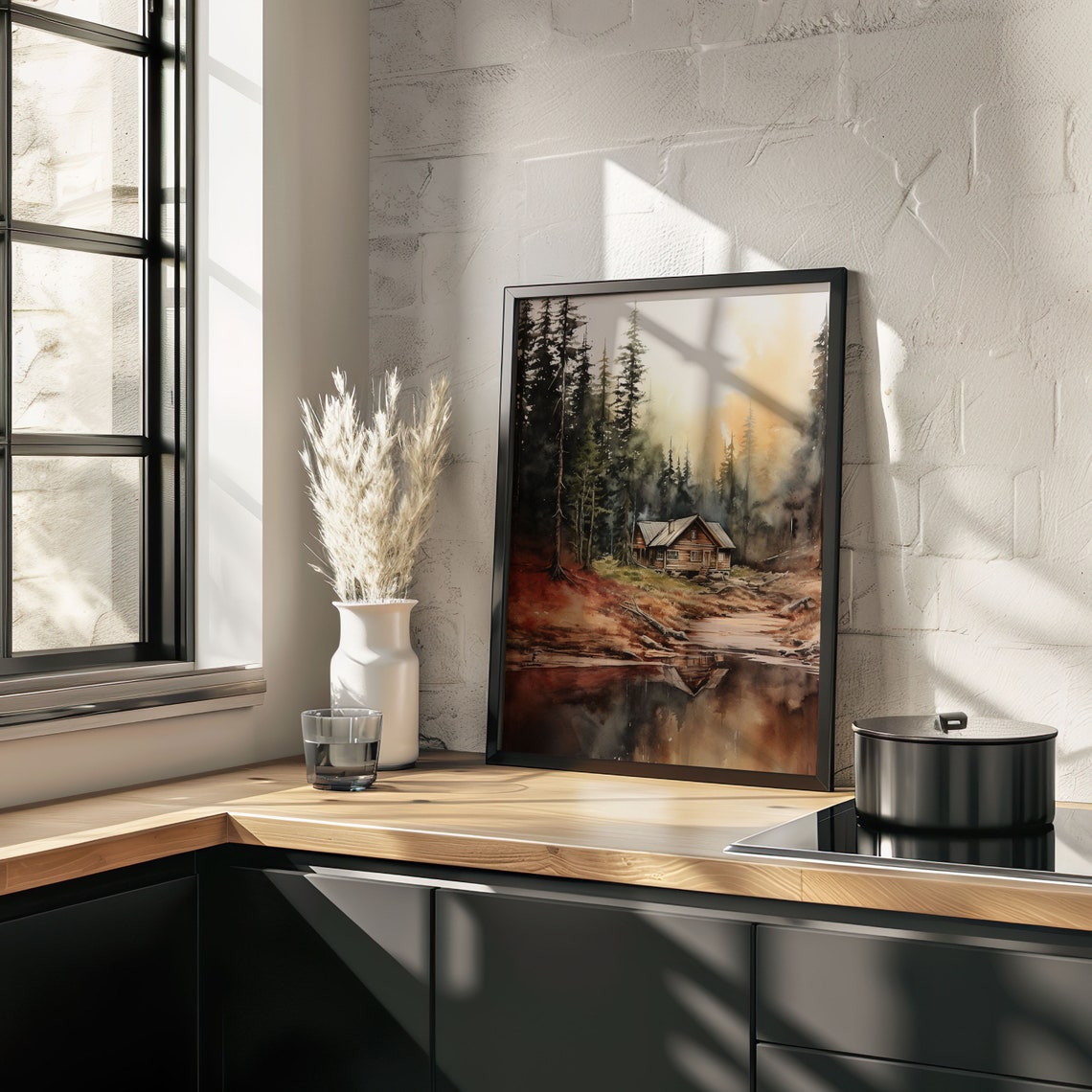 Lakeside Log Cabin Sunset Pine Forest Reflection Watercolor Poster - Image 4