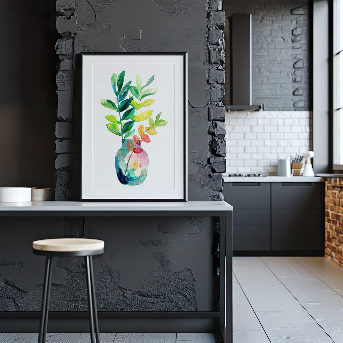 Colorful Garden Leaves in Glass Vase Watercolor Still Life Poster - Image 4