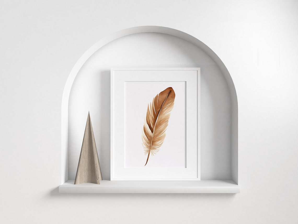 Brown Feather Watercolor Warm Neutral Modern Minimalist Wall Art - Image 2