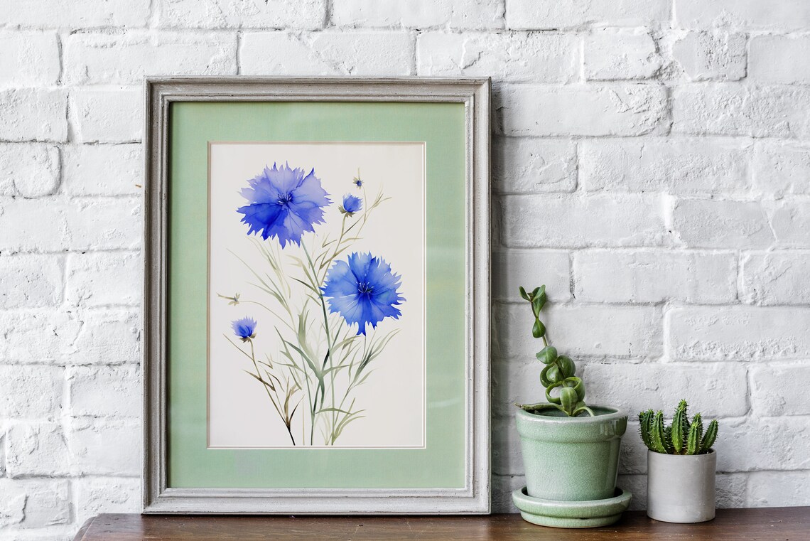 Blue Cornflowers Watercolor Wildflower Stems Farmhouse Floral Art Poster - Image 3