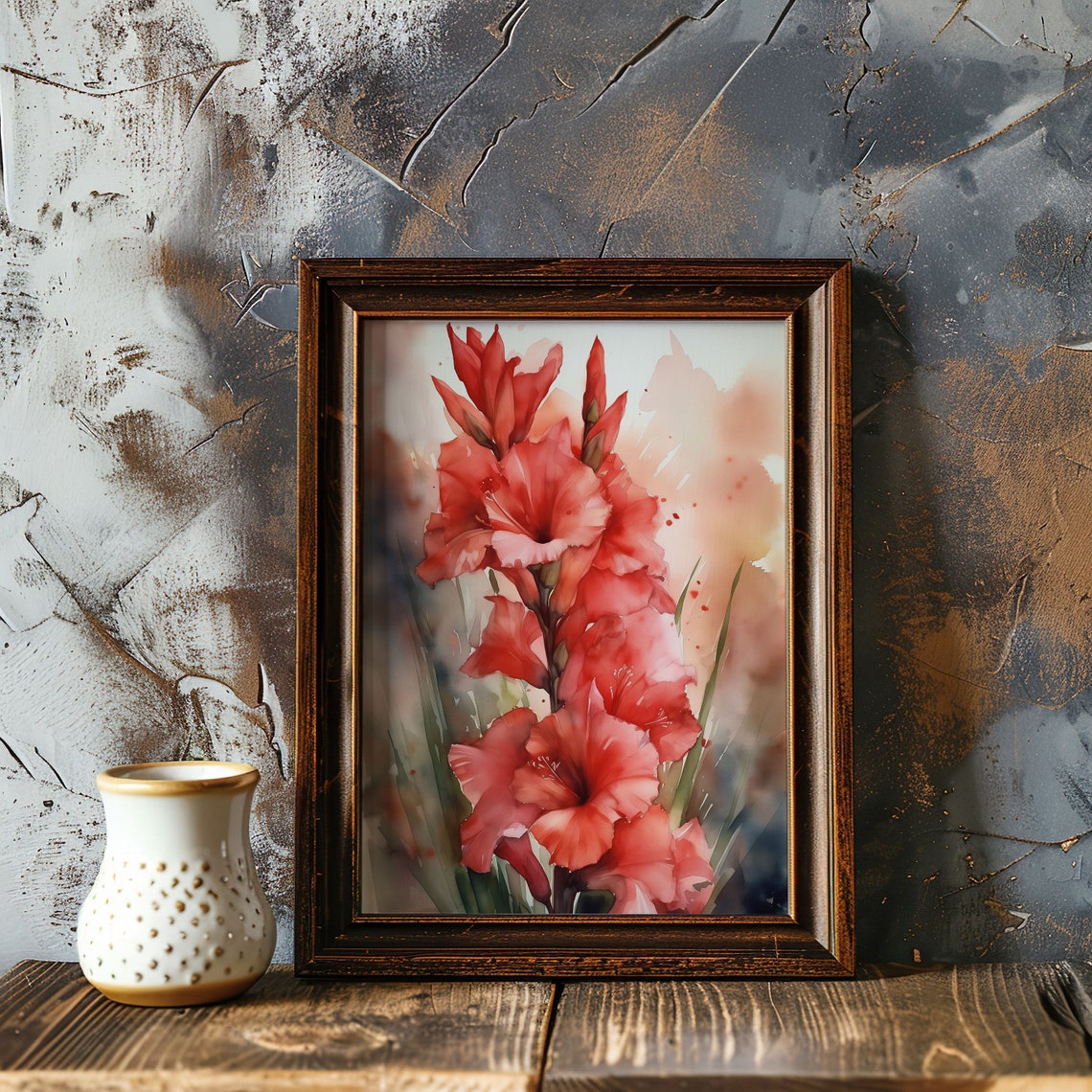 Red Gladiolus Watercolor Portrait Tall Coral Bloom Art Poster - Image 4