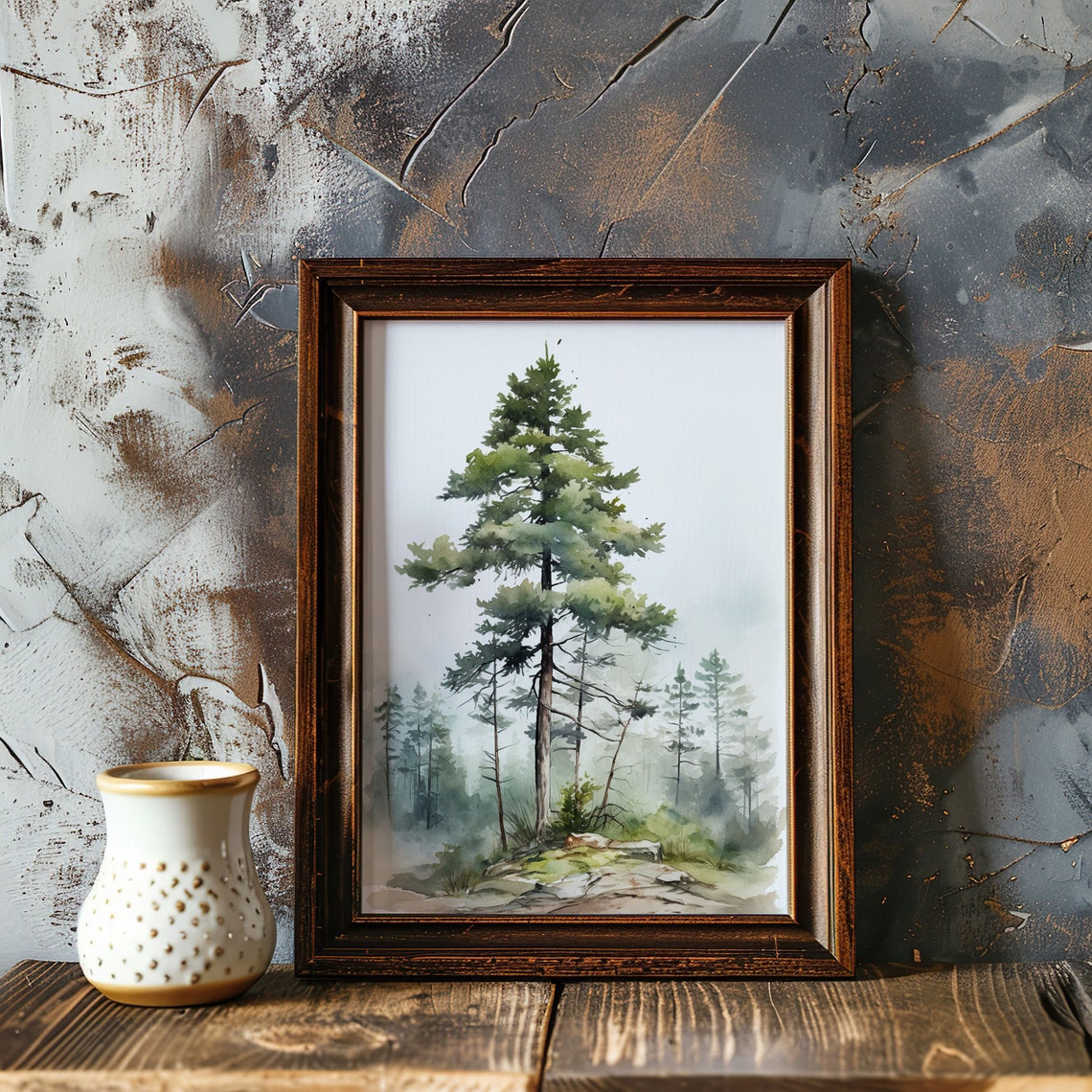 Lone Pine Tree Rocky Hillside Misty Watercolor Forest Art Poster - Image 5