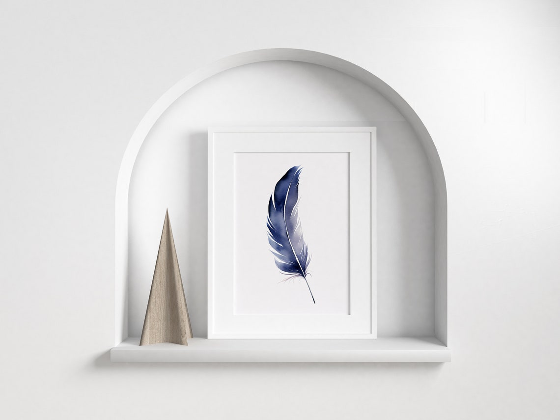 Navy Blue Feather Watercolor Bold Minimalist Elegant Art Poster - Image 3