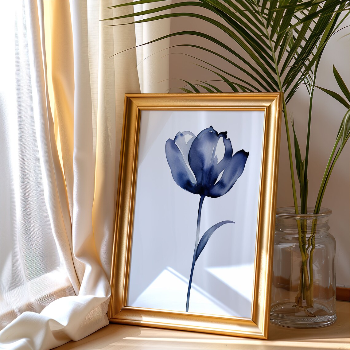 Blue Tulip Watercolor Single Stem Flower Minimalist Botanical Art Poster - Image 4