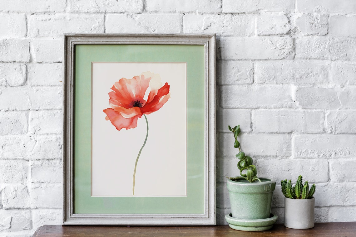Coral Poppy Bloom Airy Watercolor Minimal Flower Illustration Poster - Image 4