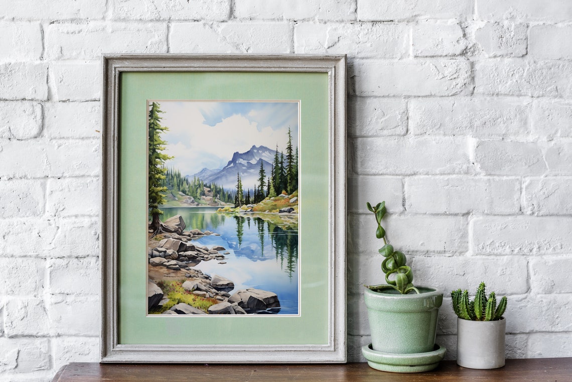Green Pine Mountain Lake Rocky Shore Summer Watercolor Art Poster - Image 3