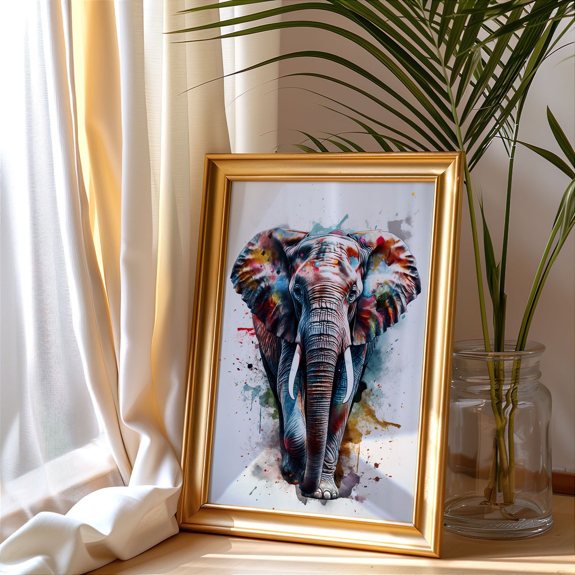 Elephant Watercolor Portrait Colorful Splash Wildlife Art Poster - Image 5
