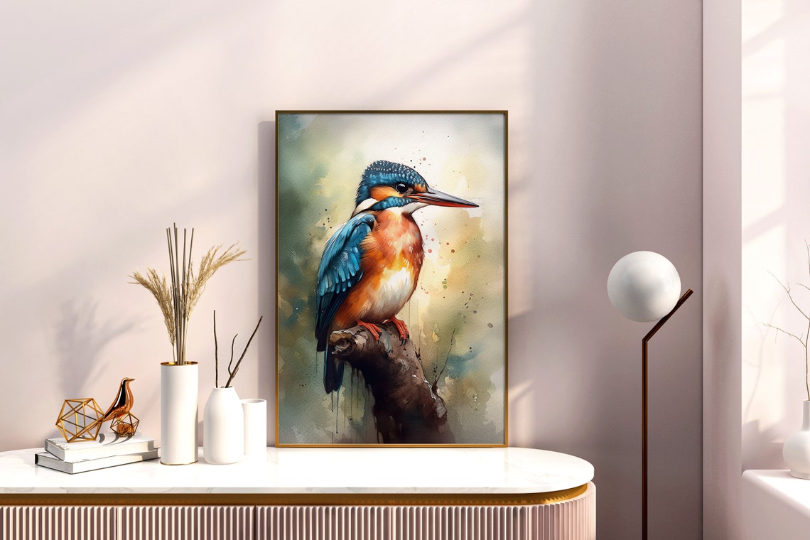 Common Kingfisher Watercolor Perched Branch Vibrant Bird Poster - Image 5