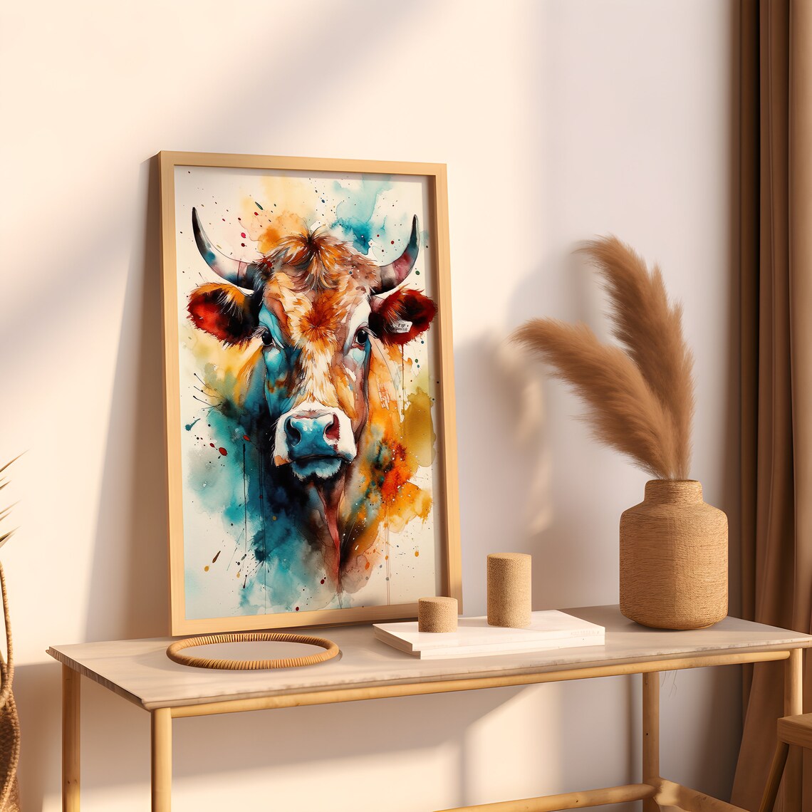 Brown Cow Watercolor Portrait Colorful Farm Animal Art Poster - Image 5