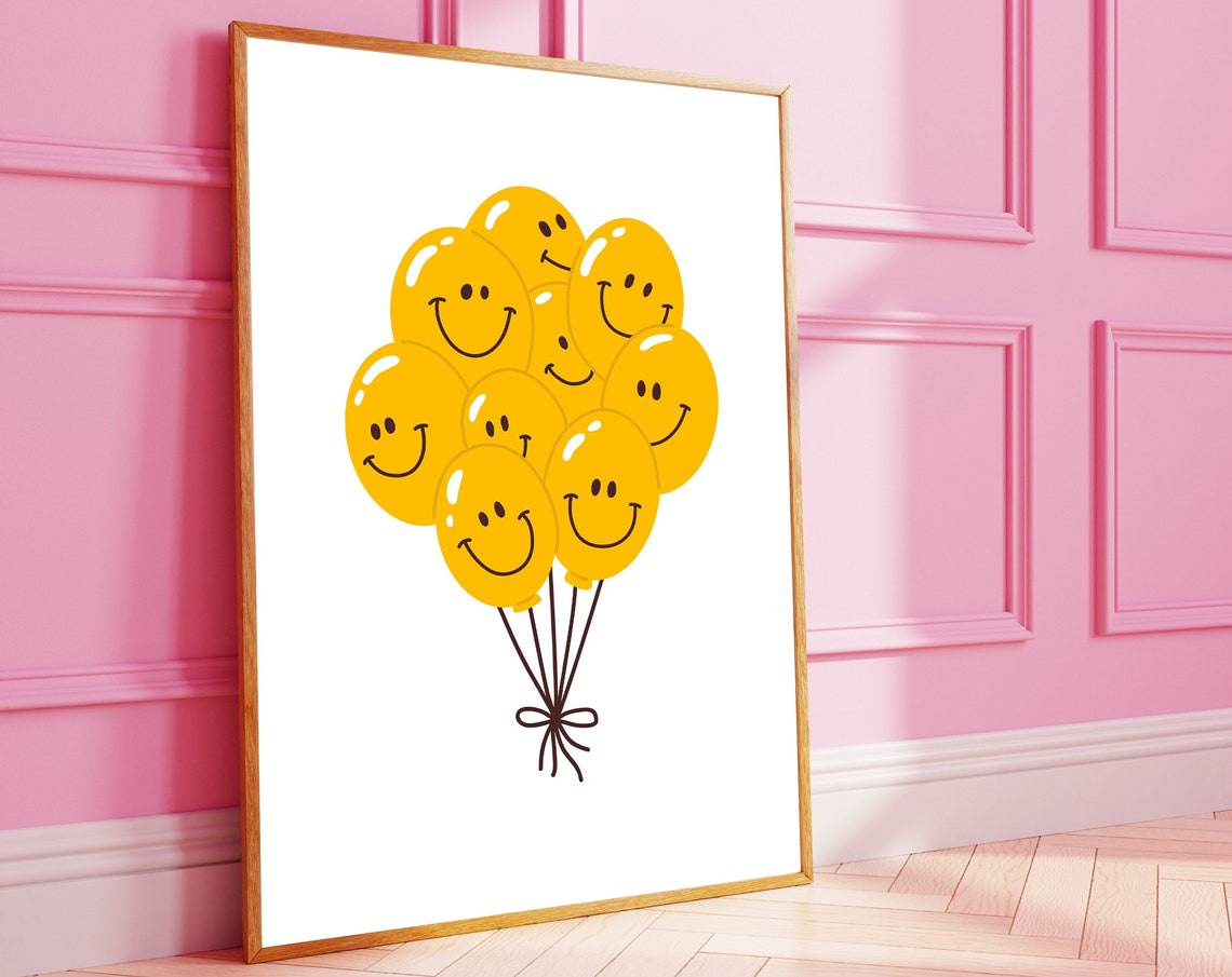 Yellow Smiley Face Balloons Big Bouquet Retro Happy Art Poster - Image 2