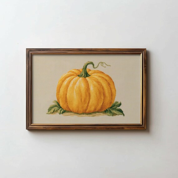 Orange Pumpkin Green Stem Autumn Harvest Botanical Art Poster