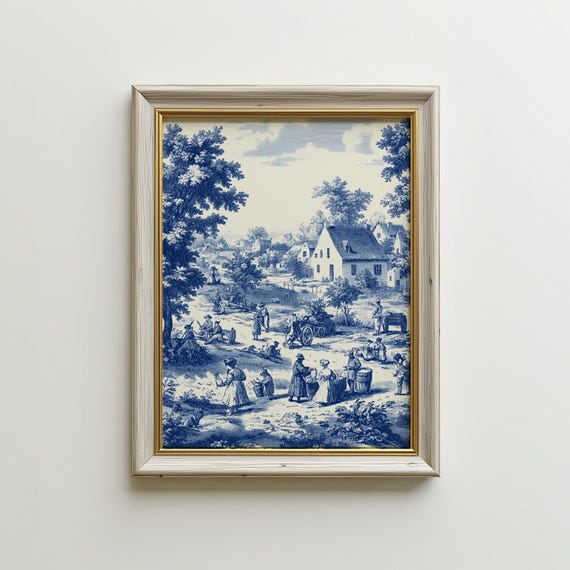 Equestrian Toile Print Neutral Heritage Style Decor Cottage Core Village Art Country Farmhouse Digital Download