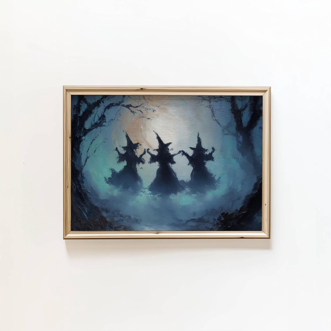 Three Witches Dancing in Blue Moonlit Forest Spooky Halloween Poster