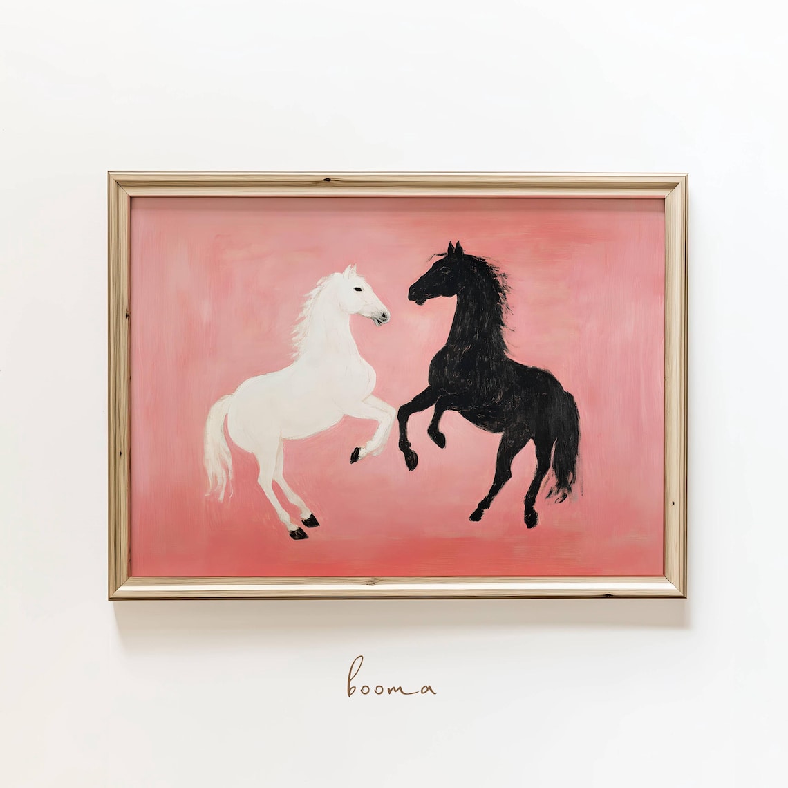 Black and White Horses on Pink Minimalist Equestrian Art Poster