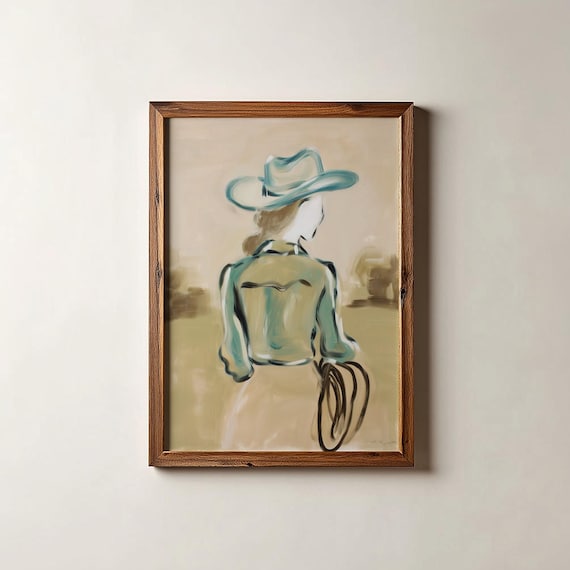Cowgirl Back View Teal Hat Lasso Soft Painterly Western Poster