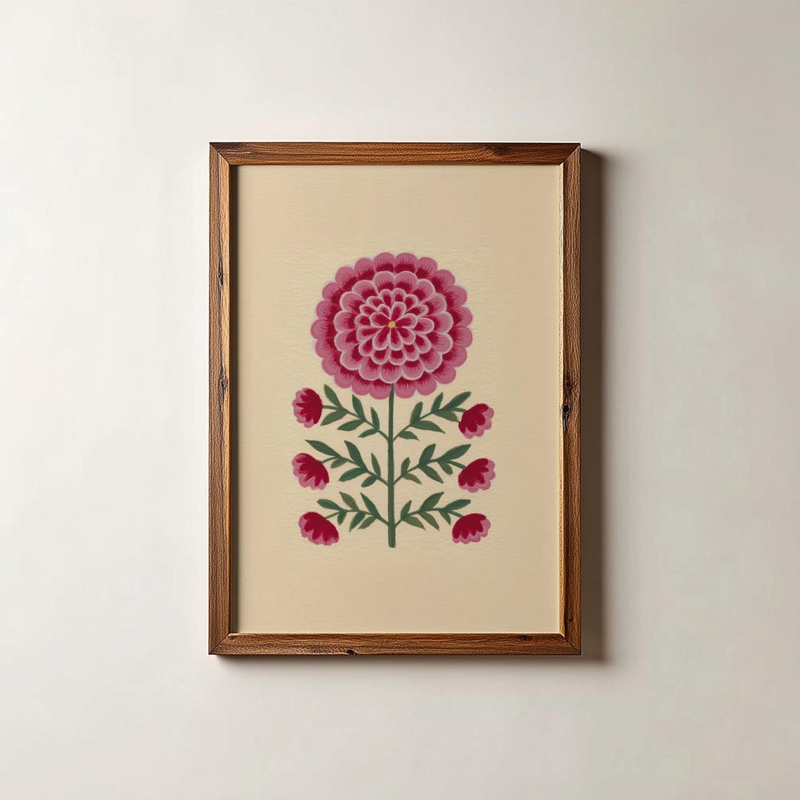Vintage Pink Zinnia Floral Folk Art Cottagecore Botanical Poster