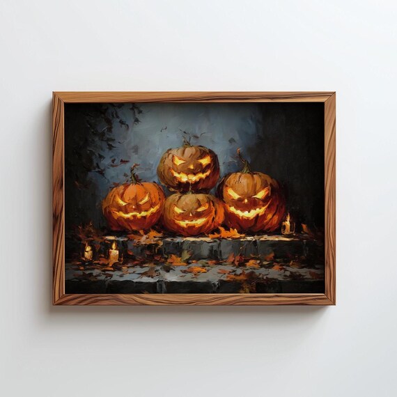 Four Glowing Jack O Lanterns Spooky Halloween Oil Painting Poster
