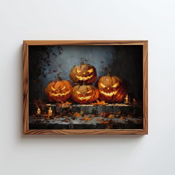 Pumpkins Print Fall Landscape Art Cottagecore Autumn Wall Digital Download