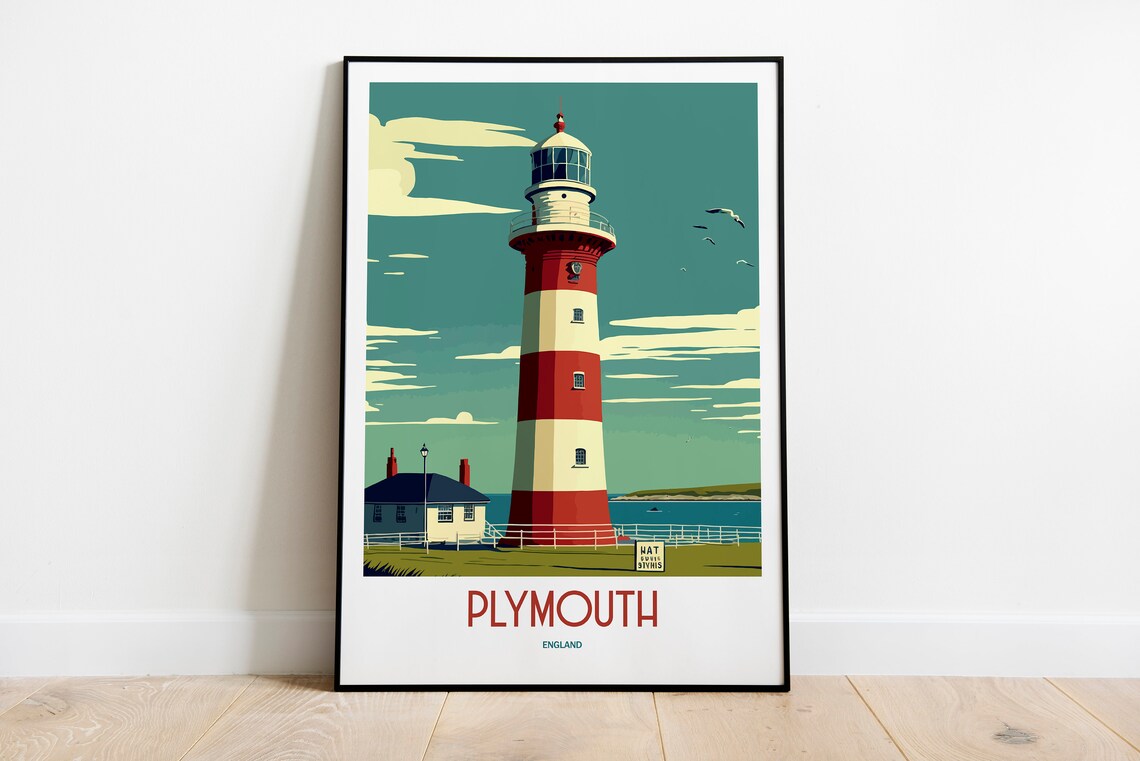 Plymouth Travel Poster, Devon Lighthouse Art Print