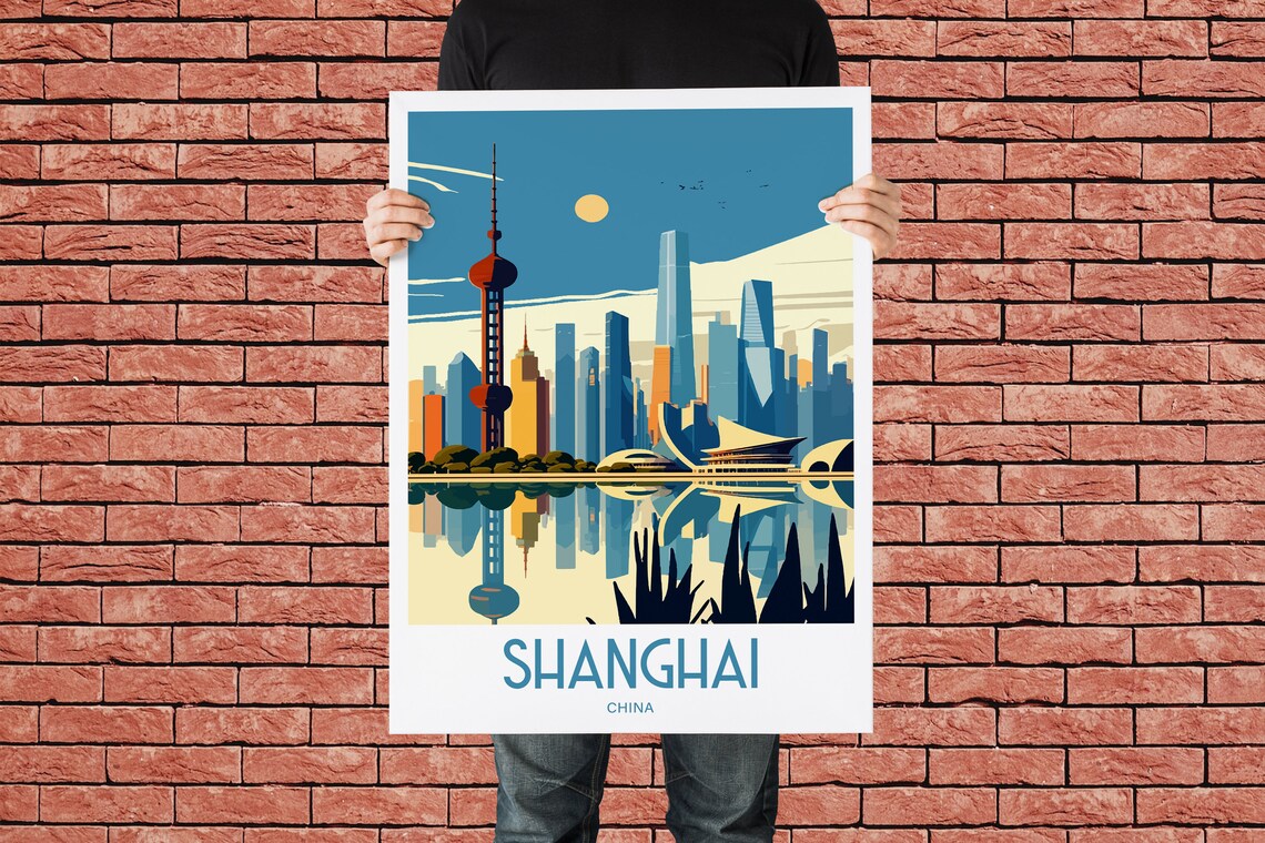 Shanghai China Skyline Travel Poster Pudong Towers Vintage City Art - Image 4
