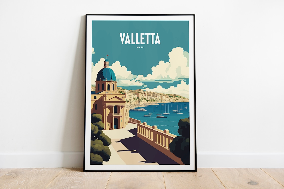 Valletta Malta Grand Harbor Basilica Seaside Vintage Travel Poster
