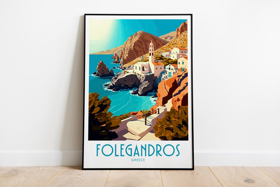 Folegandros Greece Rocky Cliffside Church Retro Travel Art Poster