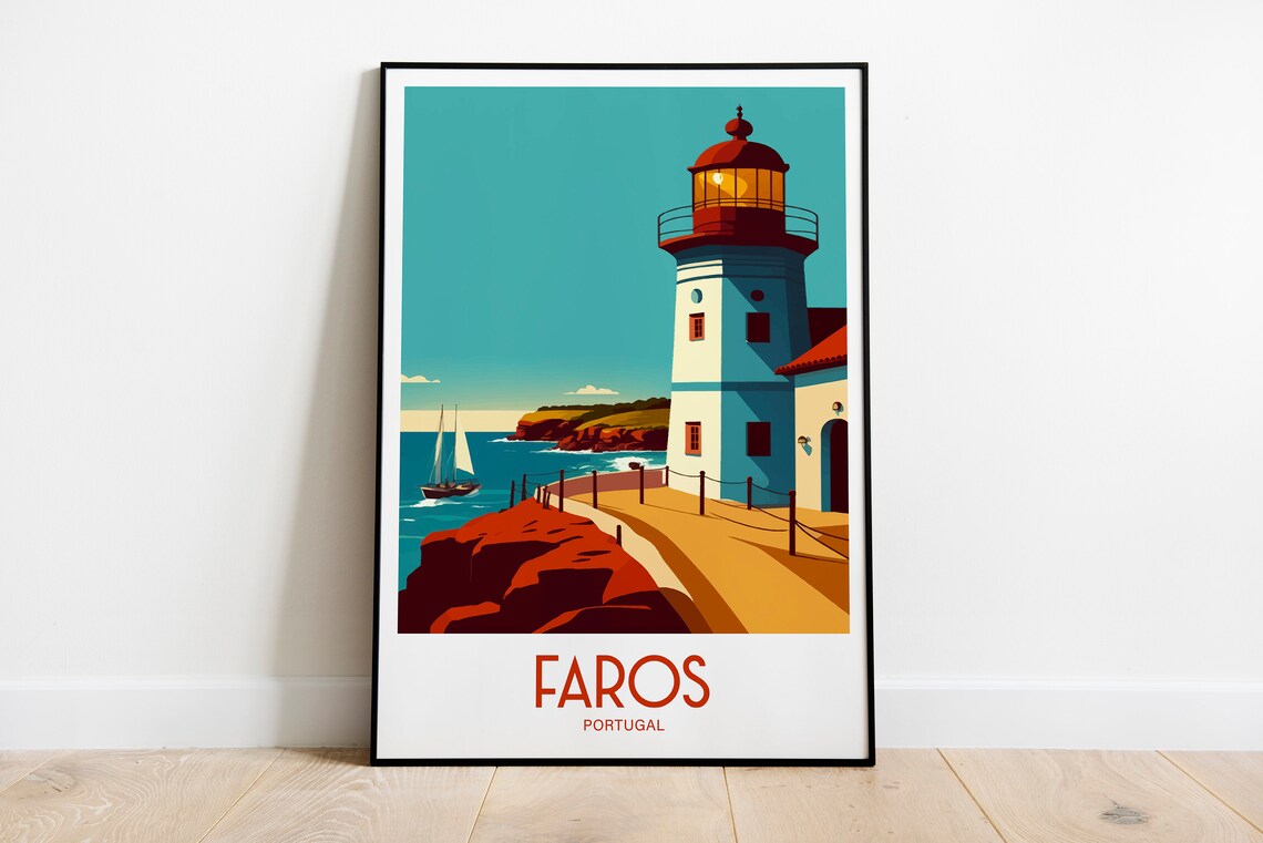 Faros Portugal Lighthouse Red Cliff Sailboat Vintage Travel Poster