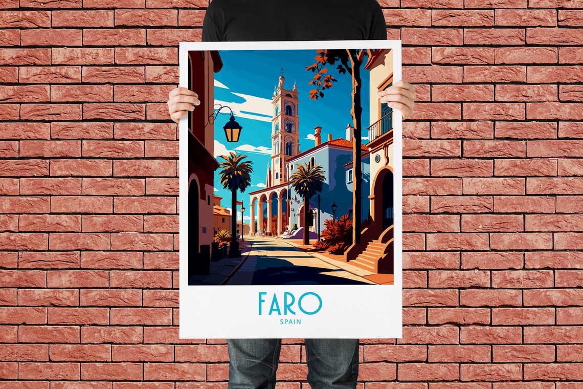 Faro Sunny Old Town Bell Tower Palm Street Vintage Travel Print - Image 2